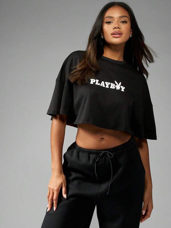 Missguided Missguided X Playboy MISSGUIDED Butterfly Kiss Print Graphic Cropped T-Shirt