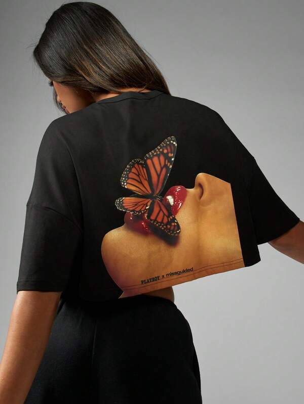 Missguided Missguided X Playboy MISSGUIDED Butterfly Kiss Print Graphic Cropped T-Shirt