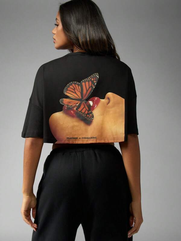 missguided Missguided x Playboy MISSGUIDED Butterfly Kiss Print Graphic Cropped T-Shirt