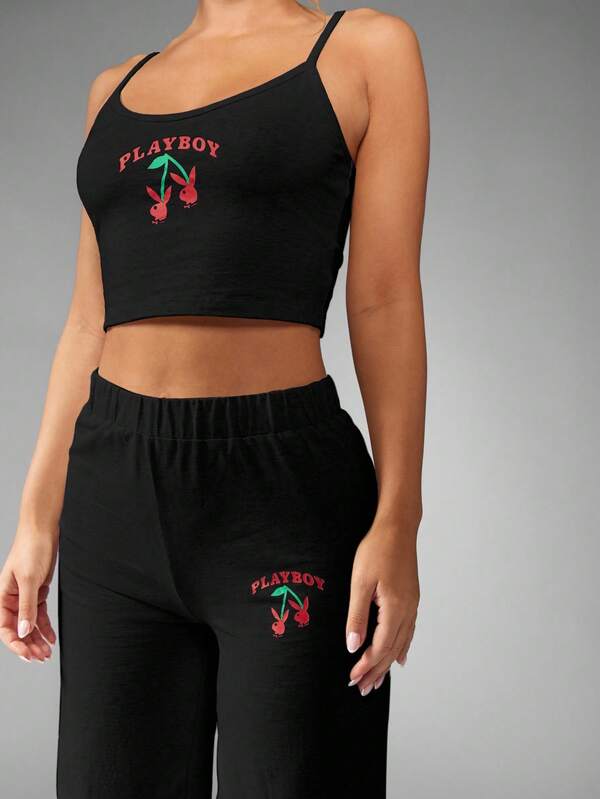 Missguided Missguided X Playboy MISSGUIDED Cami Crop Top And Wide Leg Pants Pajama Set