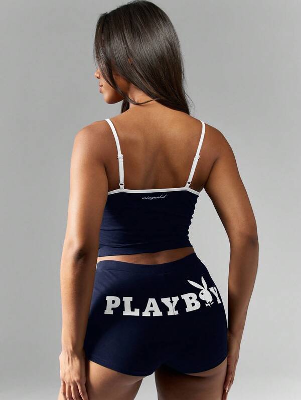 Missguided Missguided X Playboy MISSGUIDED Cami Crop Top And High Waist Shorts With Logo Design