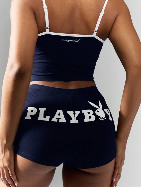 Missguided Missguided X Playboy MISSGUIDED Cami Crop Top And High Waist Shorts With Logo Design