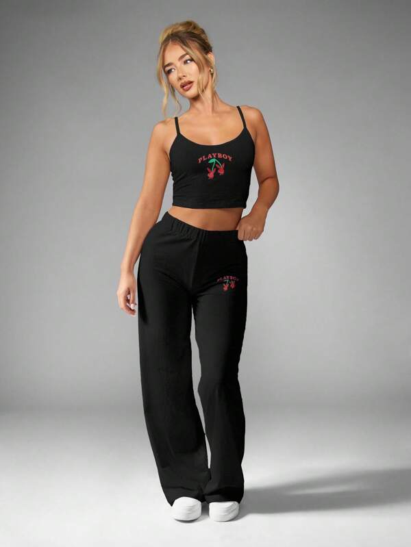 missguided Missguided x Playboy MISSGUIDED Cami Crop Top And Wide Leg Pants Pajama Set
