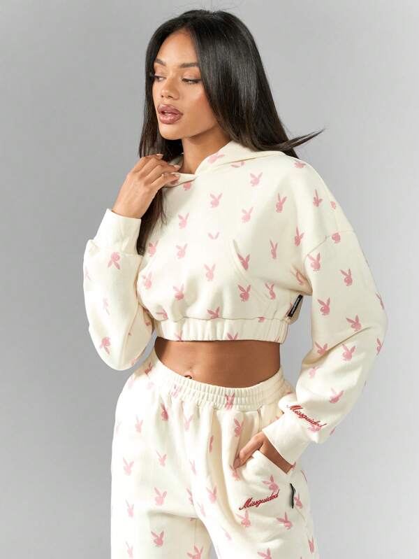 missguided Missguided x Playboy MISSGUIDED Casual Athletic Cropped Hoodie Sweatshirt Long Sleeve