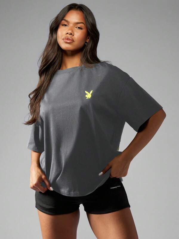 Missguided Missguided X Playboy MISSGUIDED Casual Loose Fit Soft Cotton Blend Graphic Print Logo T Shirt