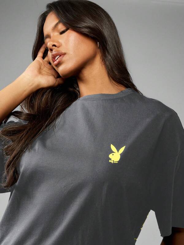 Missguided Missguided X Playboy MISSGUIDED Casual Loose Fit Soft Cotton Blend Graphic Print Logo T Shirt