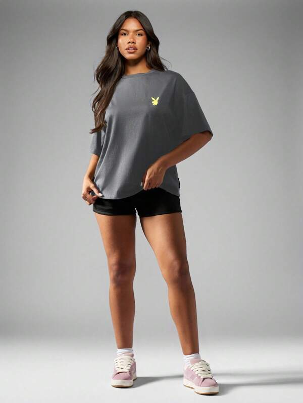 Missguided Missguided X Playboy MISSGUIDED Casual Loose Fit Soft Cotton Blend Graphic Print Logo T Shirt