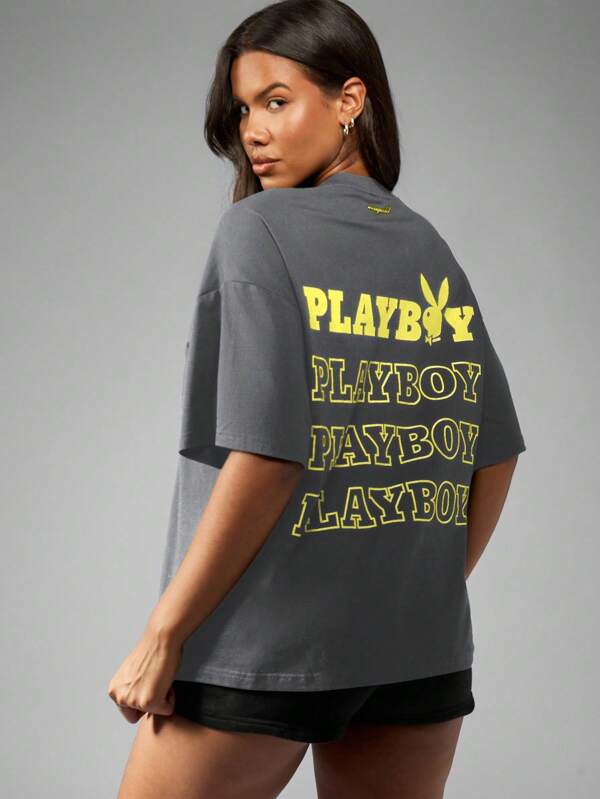 missguided Missguided x Playboy MISSGUIDED Casual Loose Fit Soft Cotton Blend Graphic Print Logo T Shirt