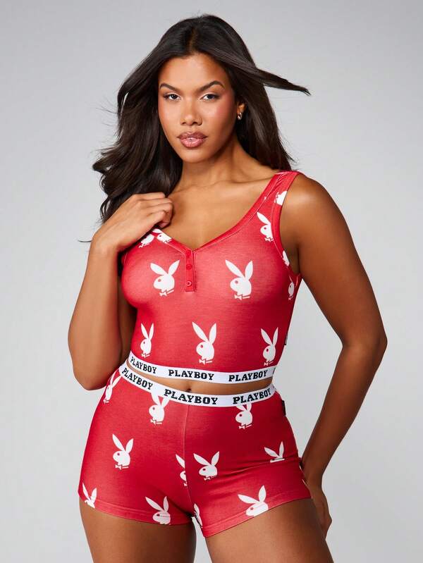 missguided Missguided x Playboy MISSGUIDED Christmas Bunny Print Cami Top With Booty Shorts