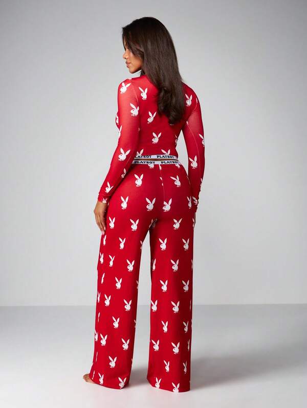 Missguided Missguided X Playboy MISSGUIDED Christmas Red Long Sleeve Pajama Set With Bunny Print