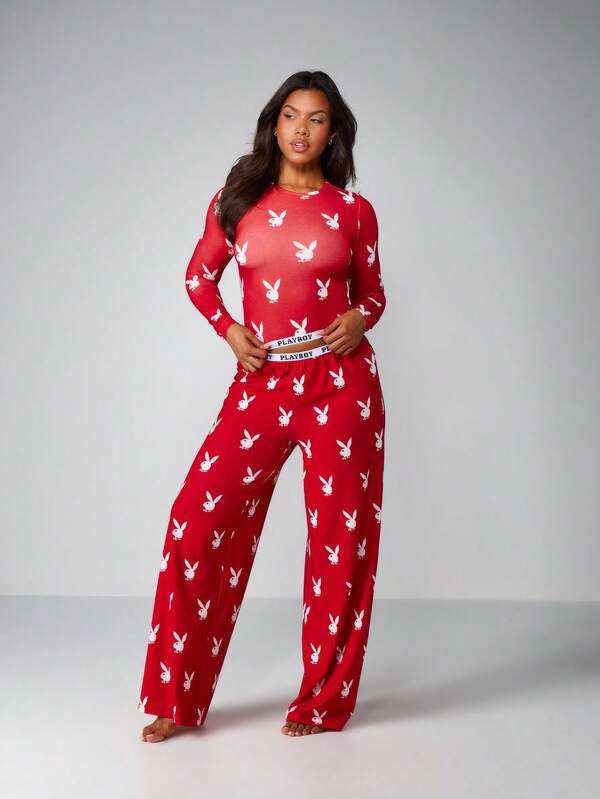 missguided Missguided x Playboy MISSGUIDED Christmas Red Long Sleeve Pajama Set With Bunny Print