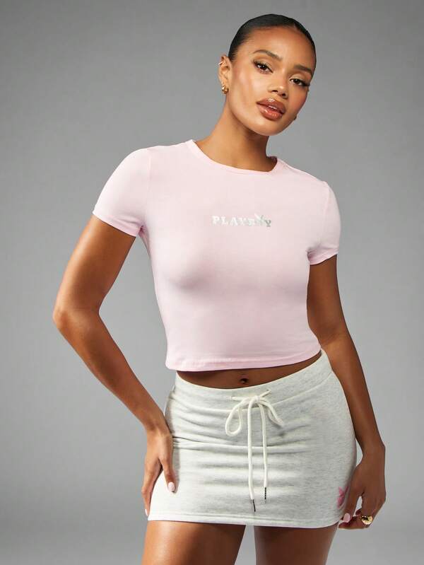 Missguided Missguided X Playboy MISSGUIDED Classic Baby Tee Short Sleeve Form Fitting Crop Top