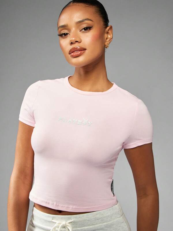 missguided Missguided x Playboy MISSGUIDED Classic Baby Tee Short Sleeve Form Fitting Crop Top