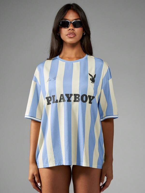 missguided Missguided x Playboy MISSGUIDED Classic Retro Style Oversized Jersey Mesh Striped Women T-Shirts