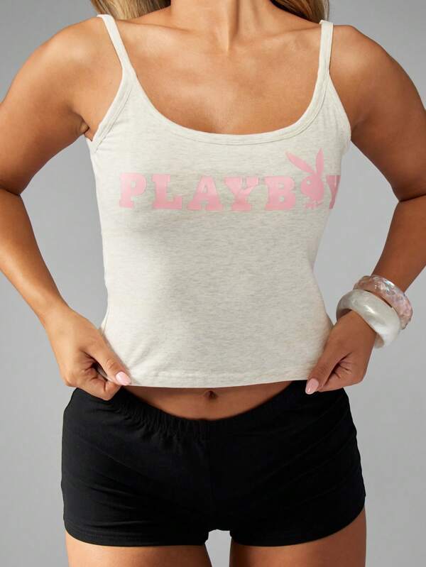 missguided Missguided x Playboy MISSGUIDED Cotton Blend Sleeveless Cropped Tank Top With Graphics