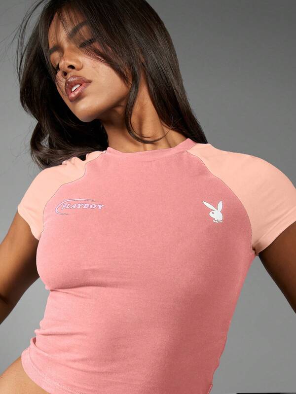 Missguided Missguided X Playboy MISSGUIDED Cotton Short Sleeve Fitted Crop Top Graphic Women T-Shirt