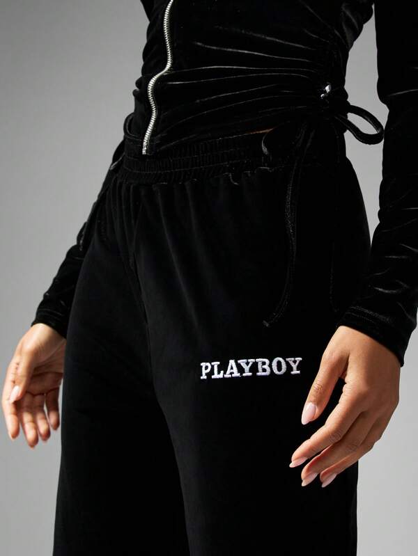 Missguided Missguided X Playboy MISSGUIDED Cozy Velvet Wide Leg Sweatpants With Rhinestone Logo