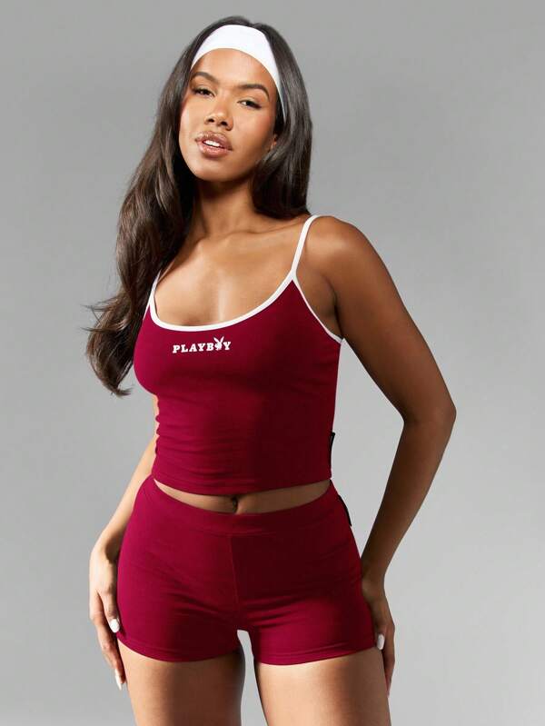 missguided Missguided x Playboy MISSGUIDED Crop Tank And Booty Shorts Two Piece Activewear Set