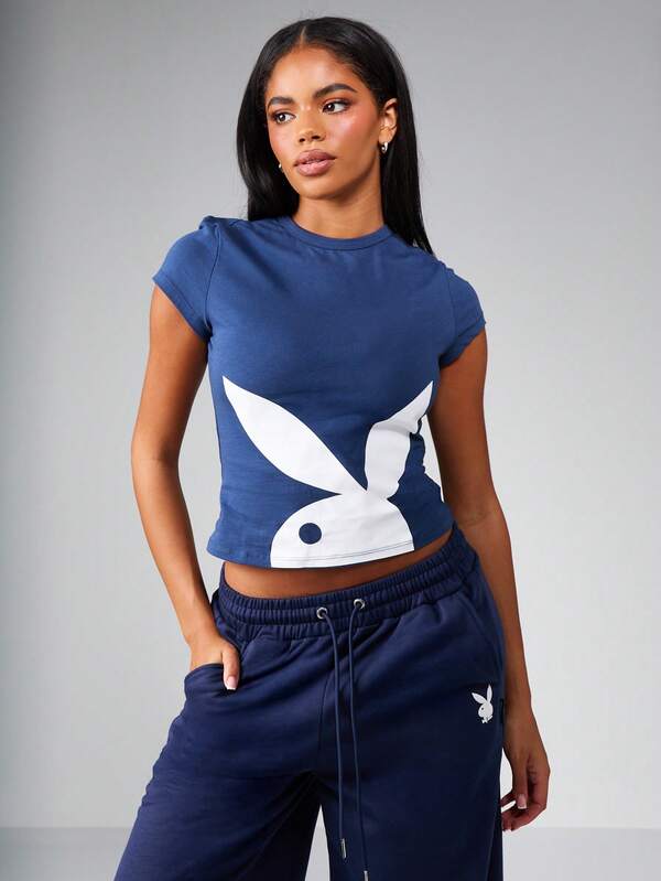 Missguided Missguided X Playboy MISSGUIDED Cropped Baby Tee With Bunny Graphic Print