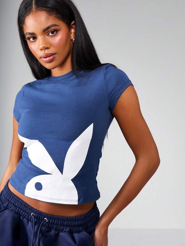 missguided Missguided x Playboy MISSGUIDED Cropped Baby Tee With Bunny Graphic Print