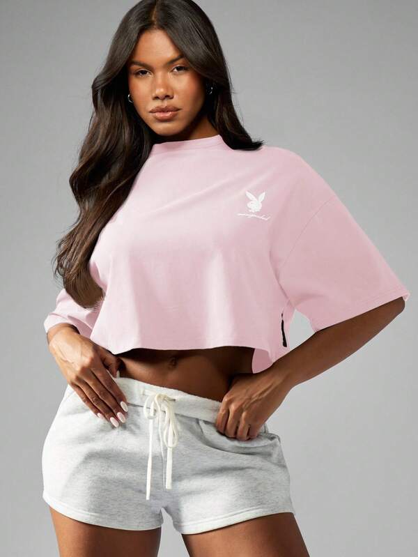 Missguided Missguided X Playboy MISSGUIDED Cropped Cotton Jersey T Shirt With Graphic Print