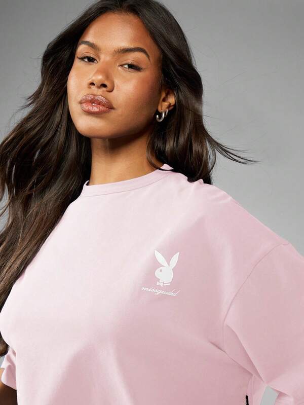 Missguided Missguided X Playboy MISSGUIDED Cropped Cotton Jersey T Shirt With Graphic Print
