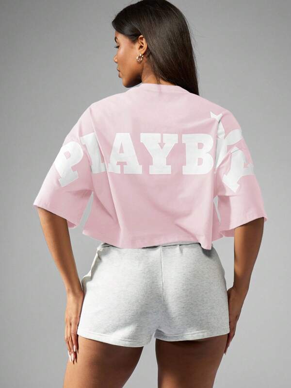 missguided Missguided x Playboy MISSGUIDED Cropped Cotton Jersey T Shirt With Graphic Print