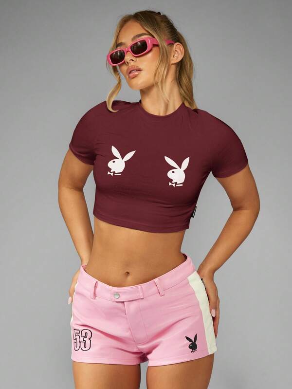 Missguided Missguided X Playboy MISSGUIDED Cropped Logo Print T-Shirt With Bunny Design