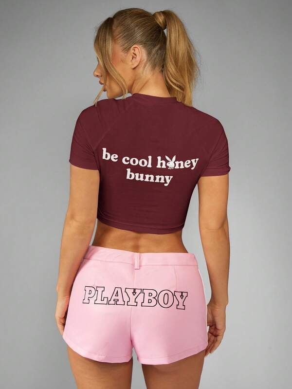 Missguided Missguided X Playboy MISSGUIDED Cropped Logo Print T-Shirt With Bunny Design