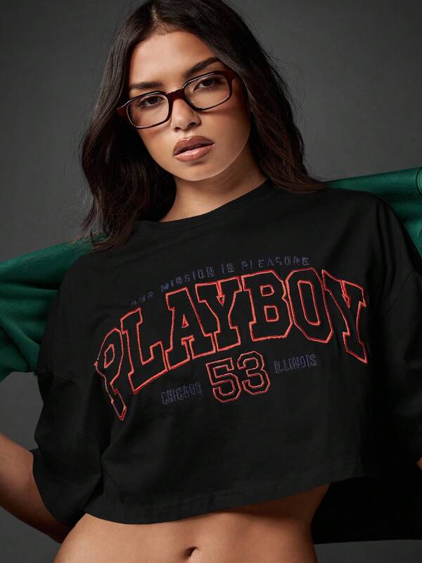missguided Missguided x Playboy MISSGUIDED Cropped T Shirt With Embroidered Varsity Design