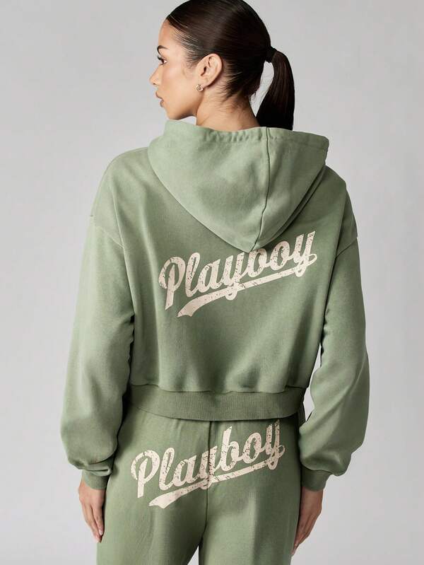 Missguided Missguided X Playboy MISSGUIDED Cropped Zip Through Hoodie With Vintage Washed Finish