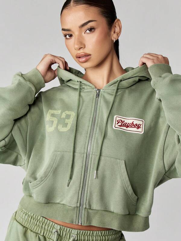 Missguided Missguided X Playboy MISSGUIDED Cropped Zip Through Hoodie With Vintage Washed Finish