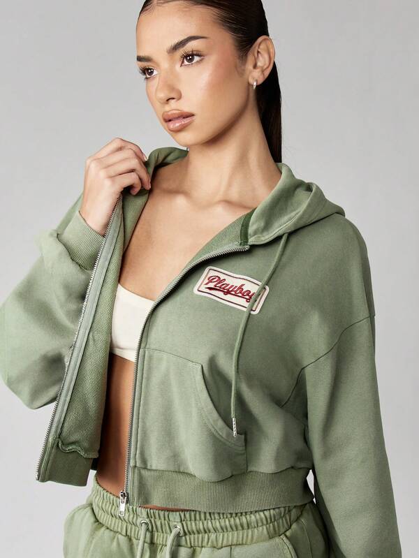 missguided Missguided x Playboy MISSGUIDED Cropped Zip Through Hoodie With Vintage Washed Finish
