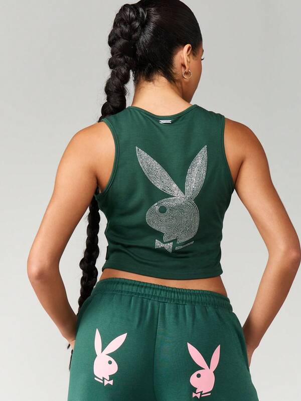 Missguided Missguided X Playboy MISSGUIDED Crystal Embellished Bunny Logo Fitted Crop Tank
