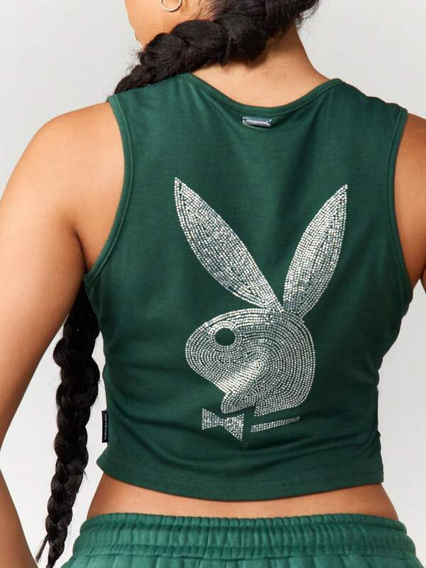 Missguided Missguided X Playboy MISSGUIDED Crystal Embellished Bunny Logo Fitted Crop Tank
