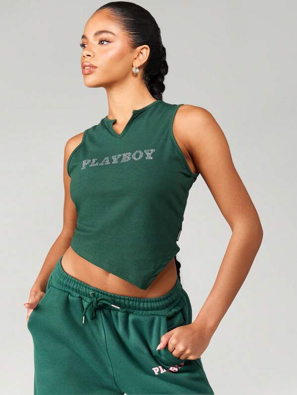 missguided Missguided x Playboy MISSGUIDED Crystal Embellished Bunny Logo Fitted Crop Tank