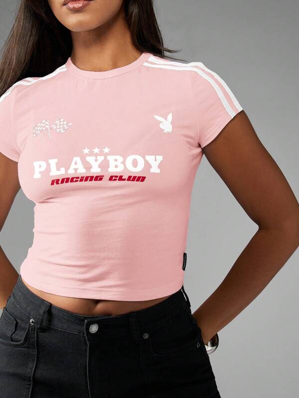 Missguided Missguided X Playboy MISSGUIDED Fitted Baby Tee Crop Top With Racing Graphics