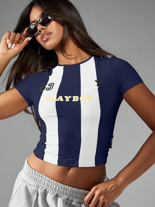Missguided Missguided X Playboy MISSGUIDED Fitted Baby Tee With Vertical Stripes And Number Print