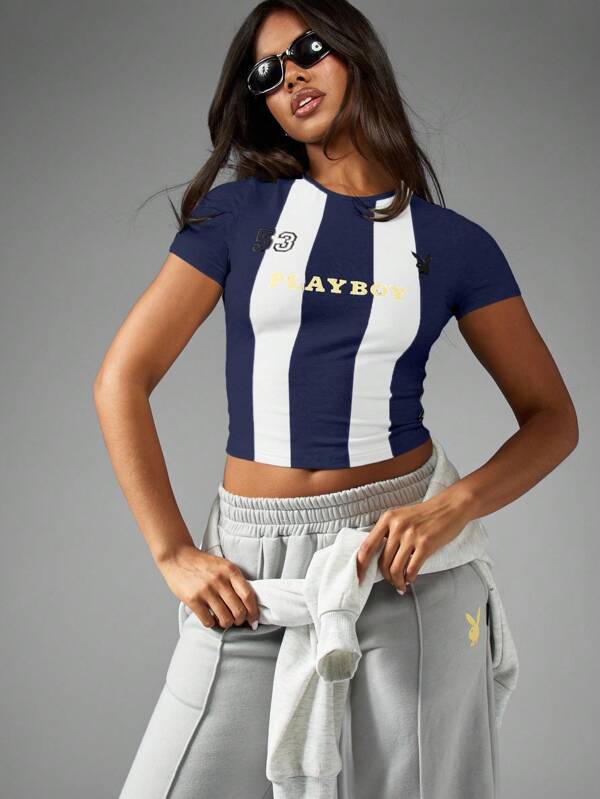 missguided Missguided x Playboy MISSGUIDED Fitted Baby Tee With Vertical Stripes And Number Print