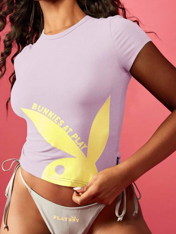 Missguided Missguided X Playboy MISSGUIDED Fitted Crop Graphic Short Sleeve Cotton Blend T-Shirt With Bunny Logo