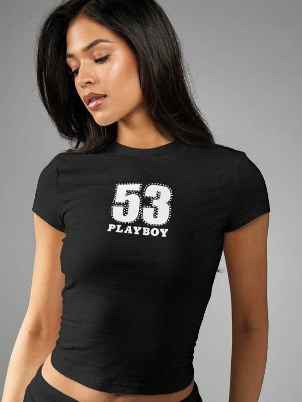 missguided Missguided x Playboy MISSGUIDED Fitted Crop Top With Graphic Number Print