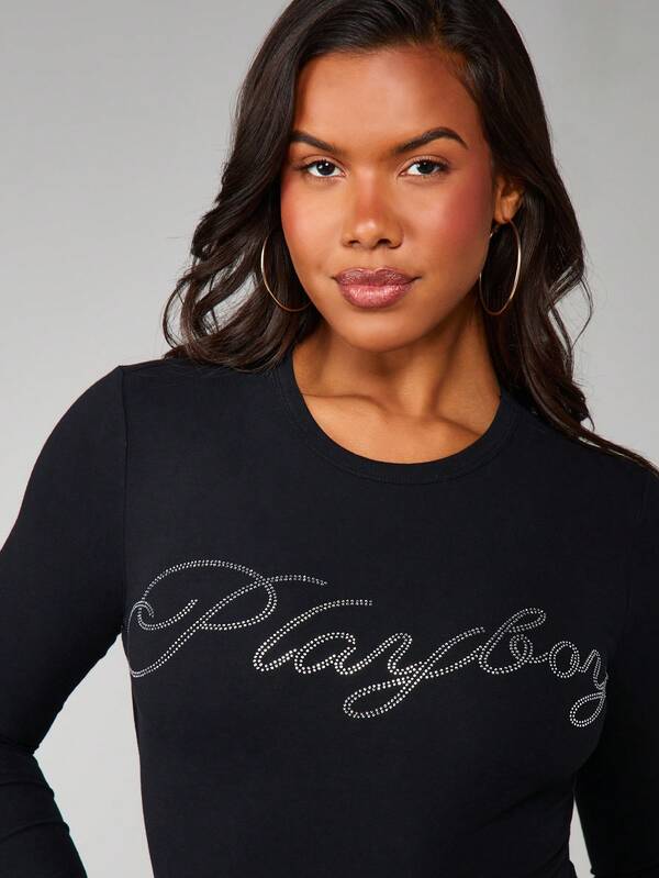 Missguided Missguided X Playboy MISSGUIDED Fitted Diamante Script Long Sleeve Top