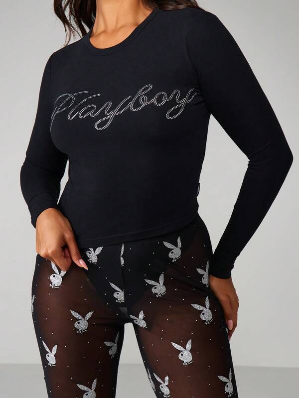 missguided Missguided x Playboy MISSGUIDED Fitted Diamante Script Long Sleeve Top