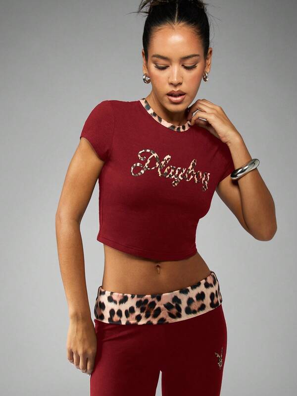 Missguided Missguided X Playboy MISSGUIDED Form Fitting Crop Top With Leopard Print Accent