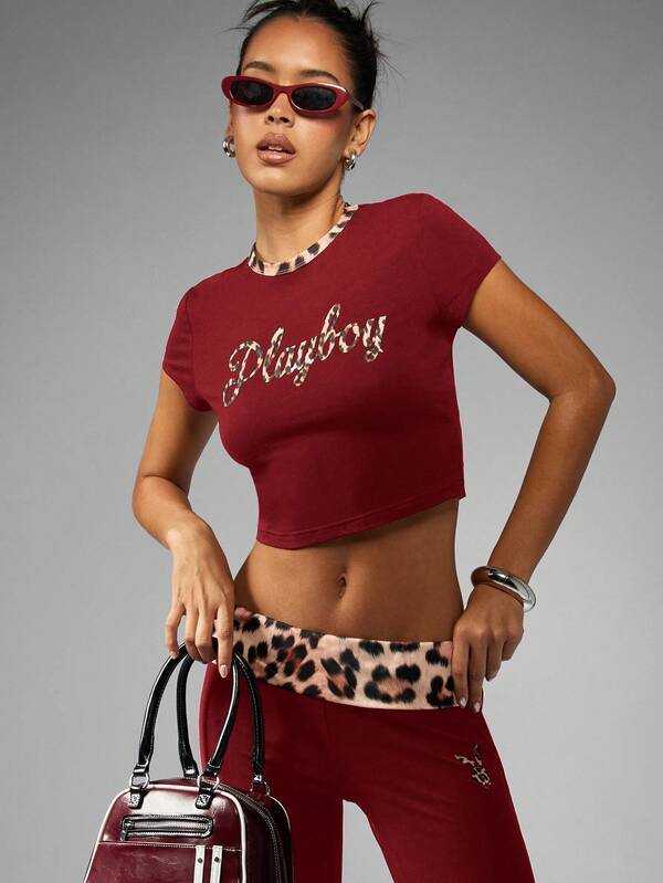 missguided Missguided x Playboy MISSGUIDED Form Fitting Crop Top With Leopard Print Accent