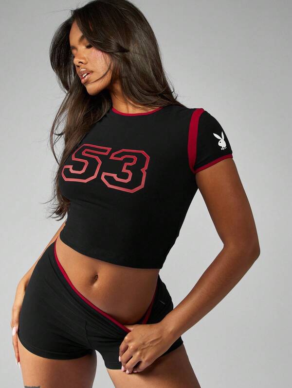 Missguided Missguided X Playboy MISSGUIDED Form Fitting Ringer Crop Top With Athletic Number Design