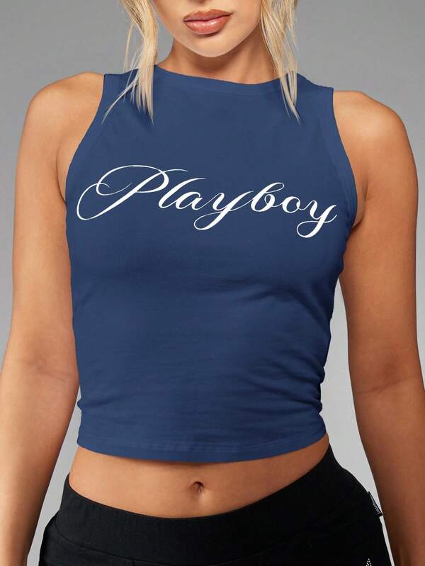 missguided Missguided x Playboy MISSGUIDED Graphic Print Sleeveless Racerback Crop Tank Top