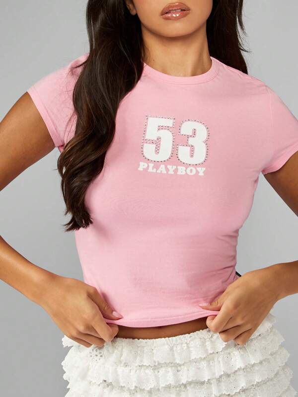 missguided Missguided x Playboy MISSGUIDED Graphic Short Sleeve Cropped T-Shirt With Number Jersey Design