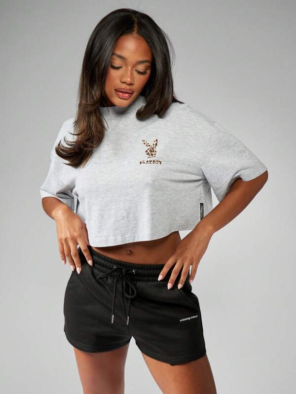 Missguided Missguided X Playboy MISSGUIDED Leopard Print Cropped T-Shirt With Bunny Logo