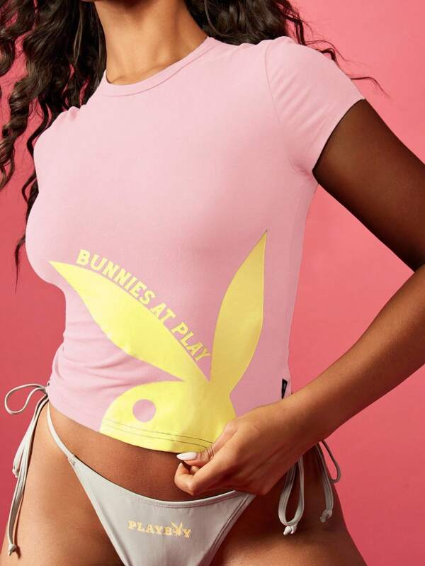 Missguided Missguided X Playboy MISSGUIDED Lightweight Cotton Blend Short Sleeve Crop Top Tshirt